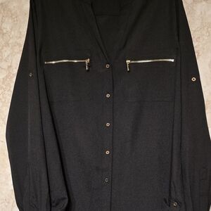Calvin Klein | Women's | Black | Button Up Top| Gold Accents | Lg Sleeve | Sz: M